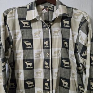 Barn Fly Button‎ Down Shirt Women's L Long Sleeve Moose Animal Print USA Made